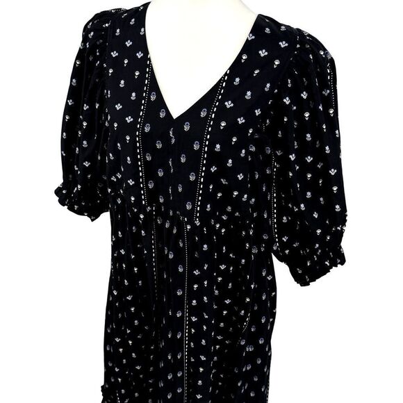 Hunter Bell Puff Sleeve Maxi Dress | Black with Blue Floral Print | Sz L | EUC - Picture 2 of 12